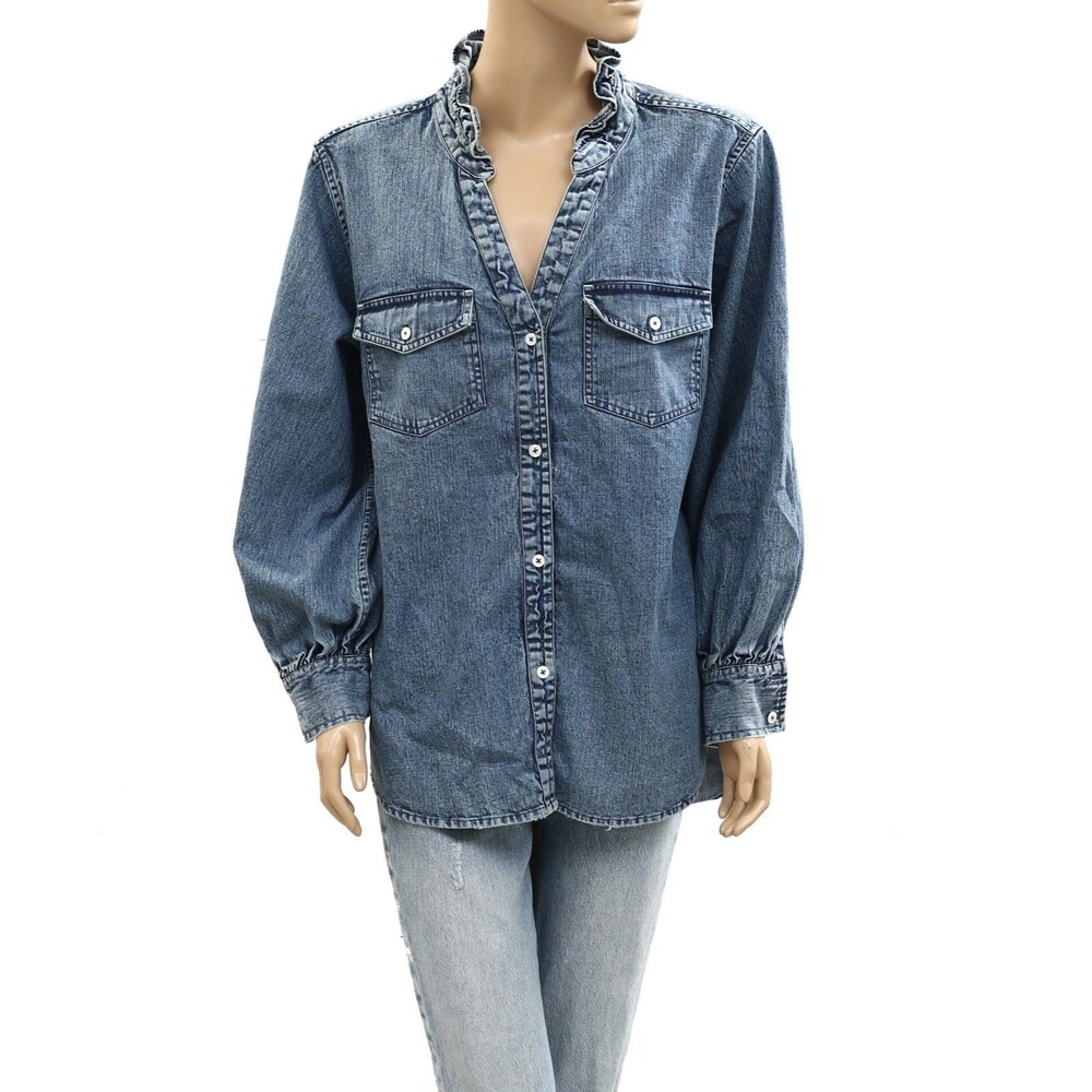 Kerri Rosenthal Puff Sleeve Denim Shirt Top Buttondown Ruffle V-Neck XL 285060 - Picture 7 of 13
